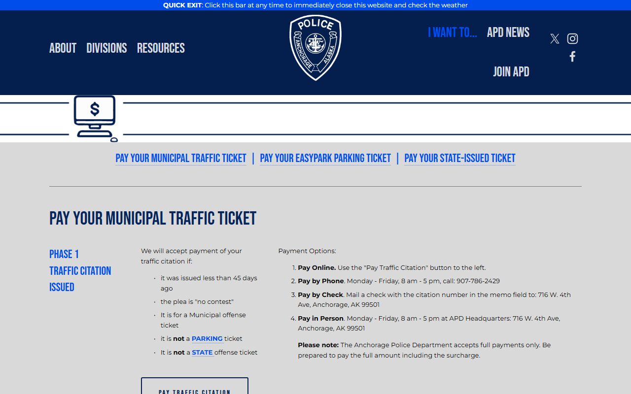 Anchorage Alaska Traffic Court Records APD traffic payment page