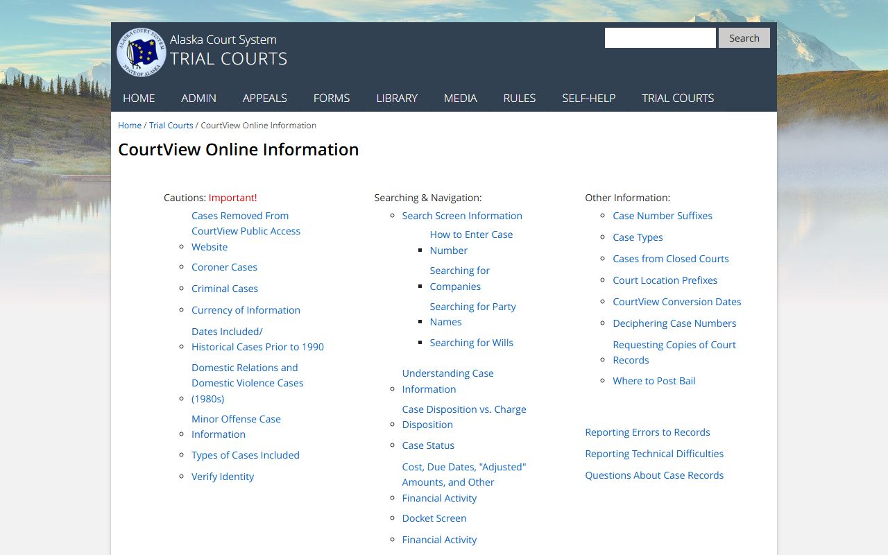 Alaska Traffic Court Records guidance on the CourtView information page