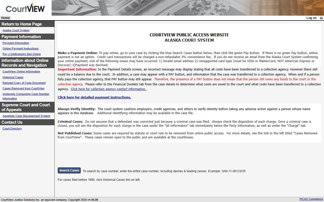 Alaska Traffic Court Records search portal in CourtView