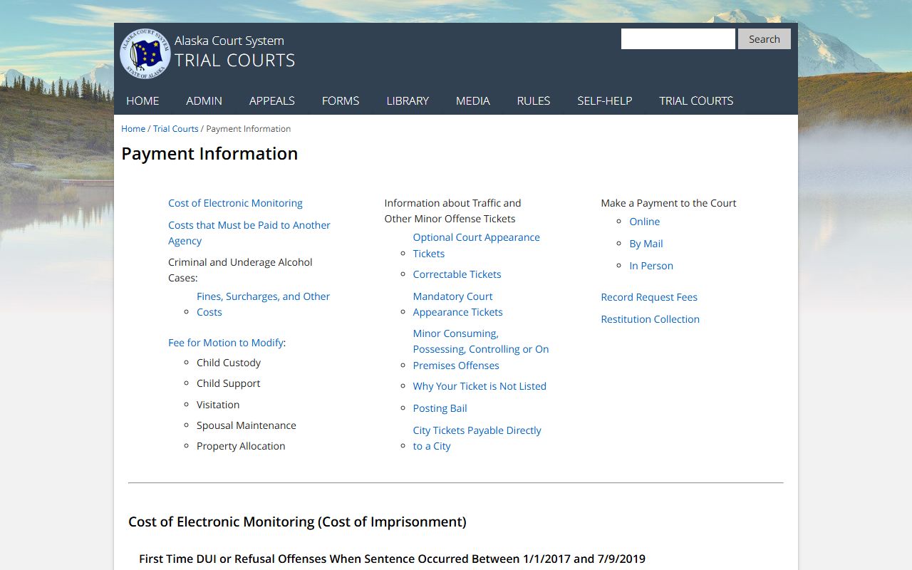 Alaska Traffic Court Records payment information page
