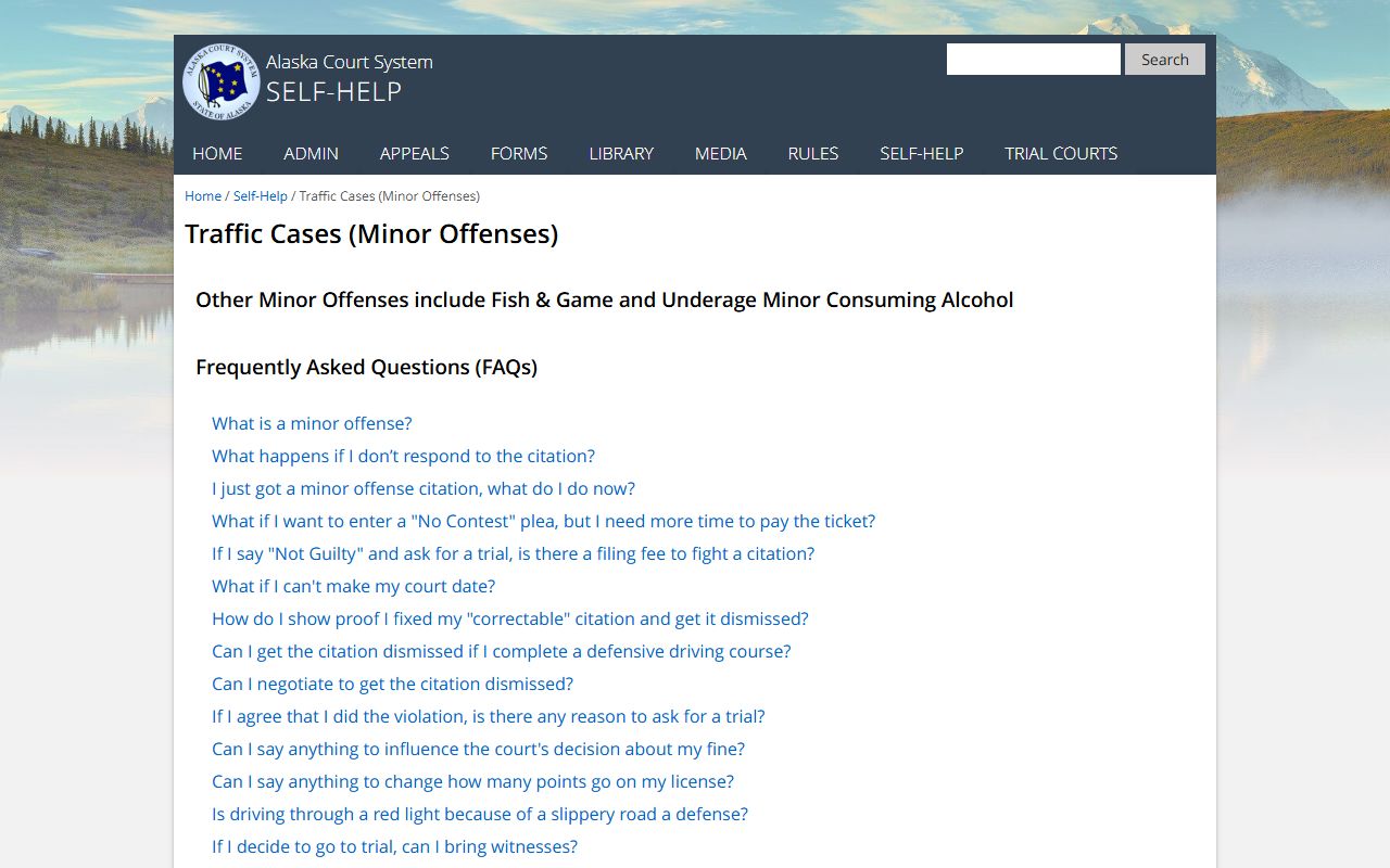 Alaska Traffic Court Records self-help information for traffic cases